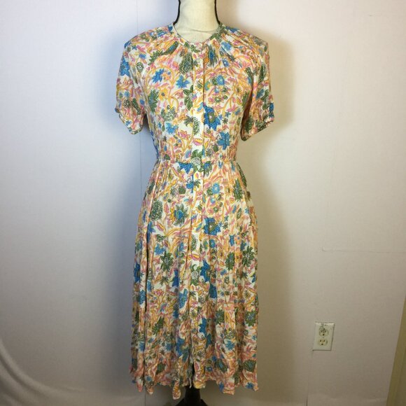 Playa Lucila Midi Fit & Flare Dress XS Womans Pink Blue Floral Short Sleeve Boho - Picture 1 of 14